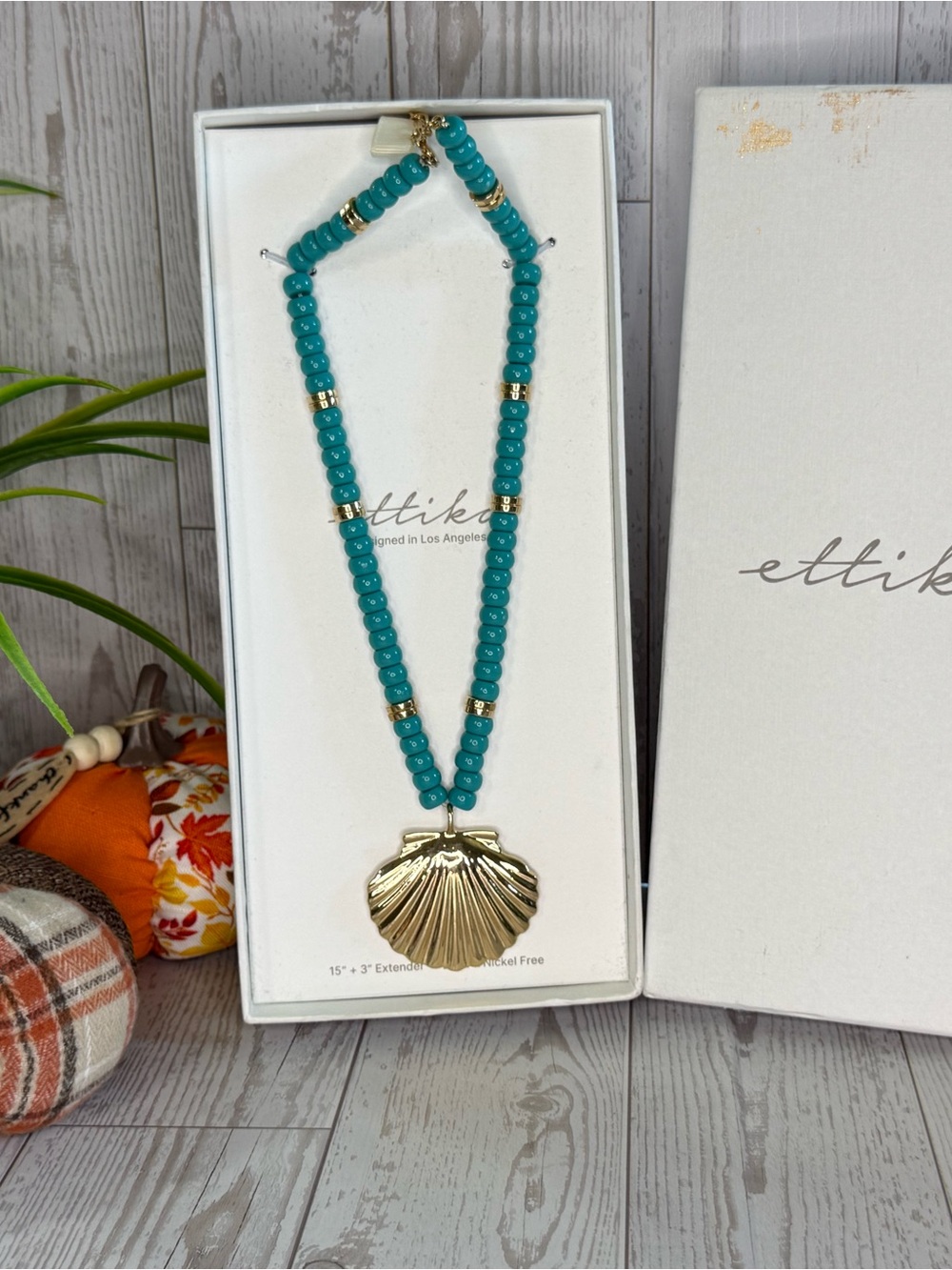 ettika Teal Beaded Necklace with Gold Shell Charm